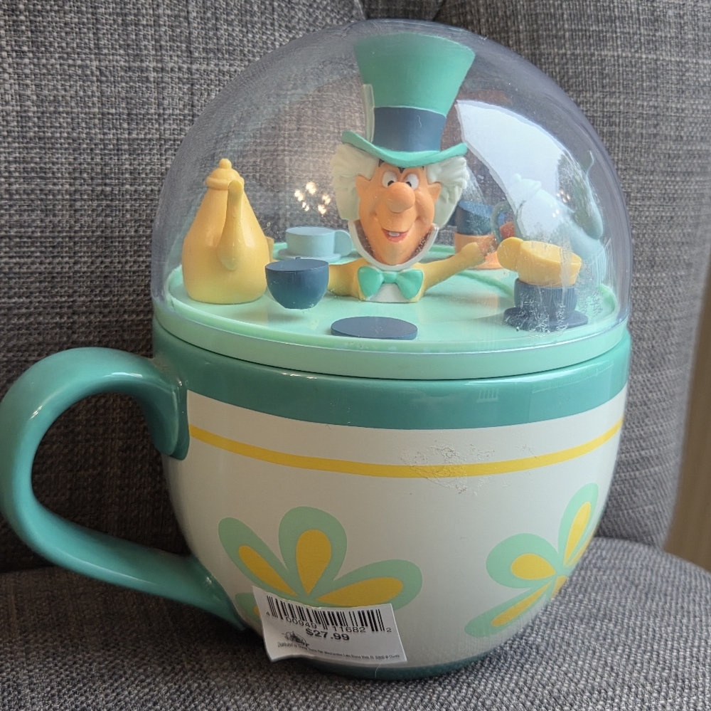 Teal and White Mad Hatter Mug with Lid